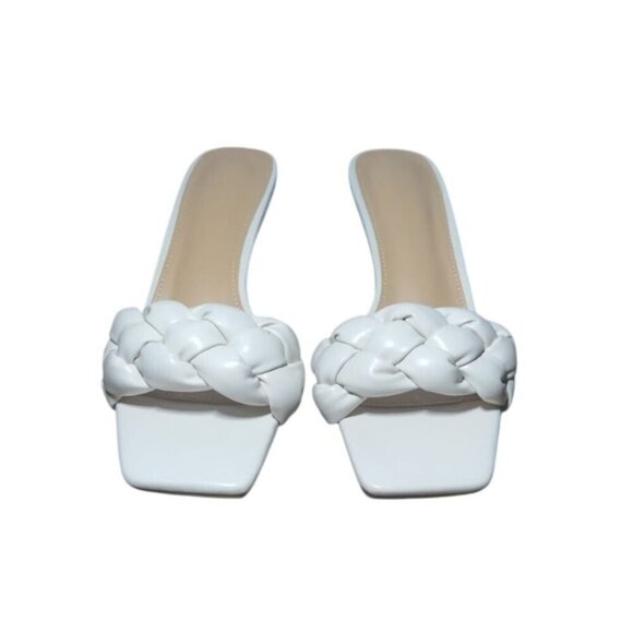 Women's White Braided Mid Heel Sandals with Open Square Toe, Size 37. - Picture 7 of 8